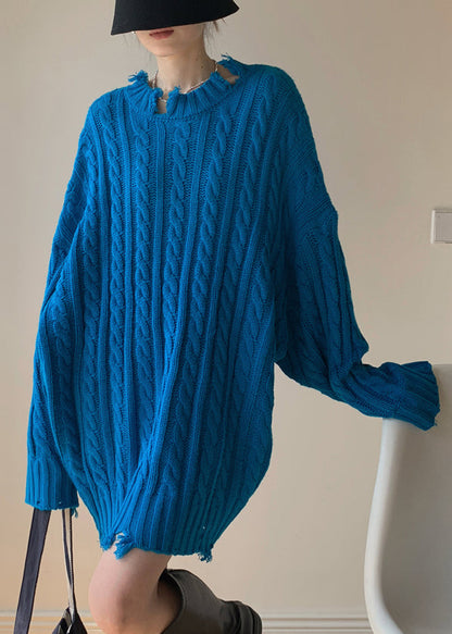 Loose Blue Hole Cable Knit Sweaters Winter
