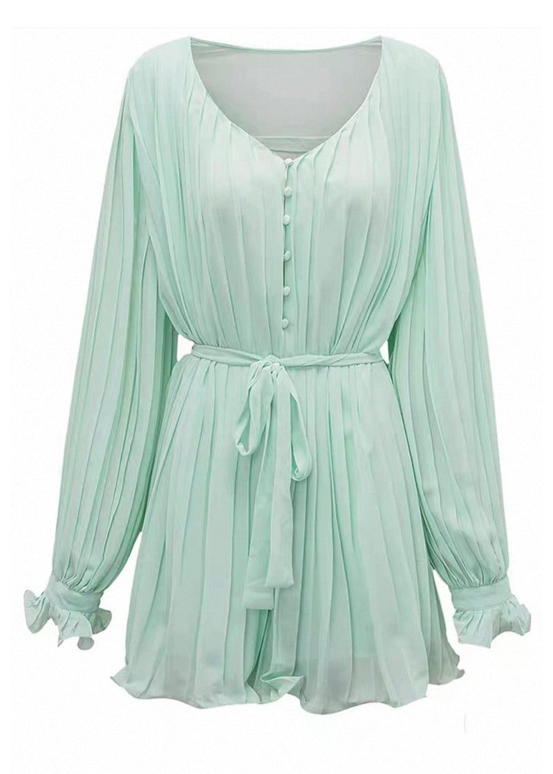 Light Green V Neck Wrinkled Mid Dresses Fall