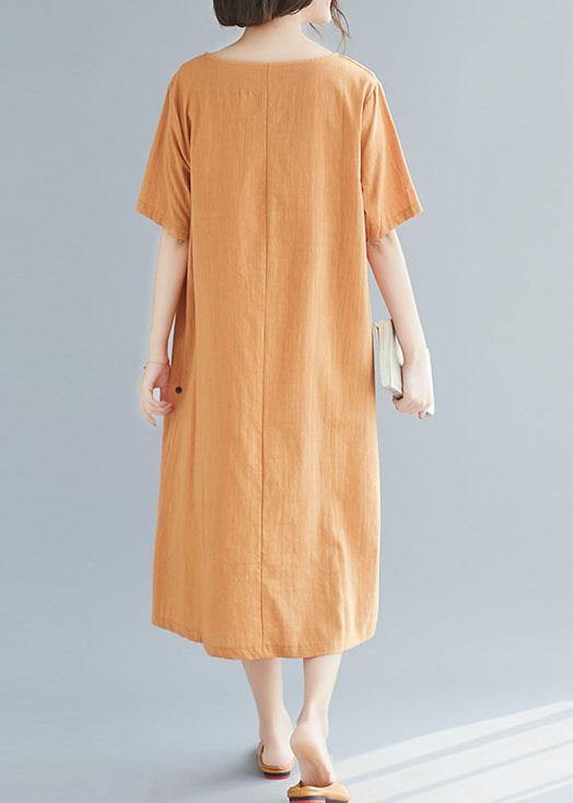 Natural Khaki O Neck Cotton Linen Dresses Button Decorated Summer Dress