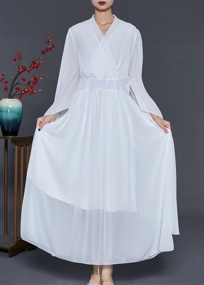 White Silm Fit Chiffon Dance Dress Flare Sleeve