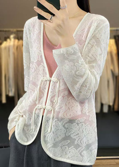 White V Neck Chinese Button Knit Cardigan Fall