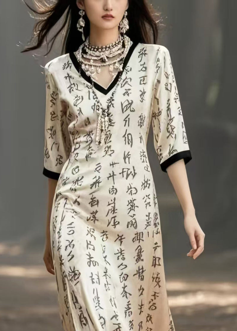 Beige V Neck Print Silk Holiday Dress Half Sleeve