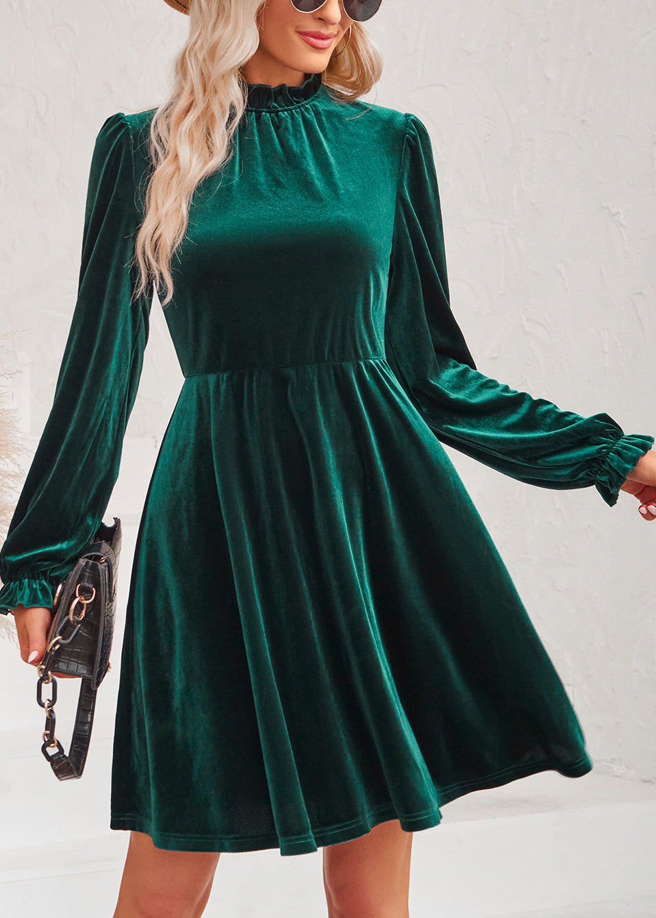 Blackish Green Ruffled Patchwork Velvet Mid Dress Fall
