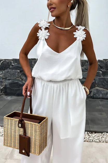 Color Embroidered Flower Suspenders Loose Jumpsuit