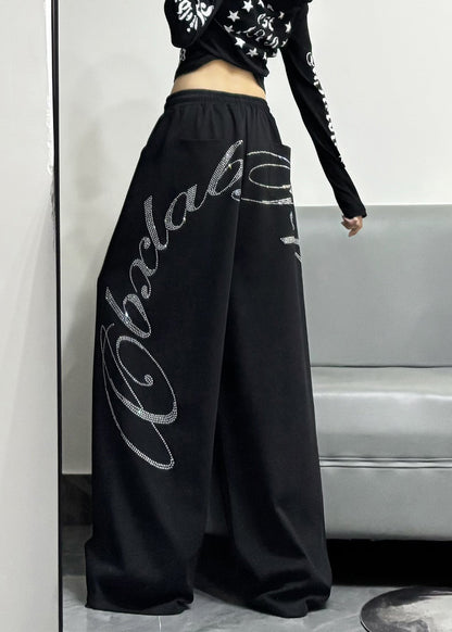 Black Oversized Letter Zircon Cotton Wide Leg Pants Spring