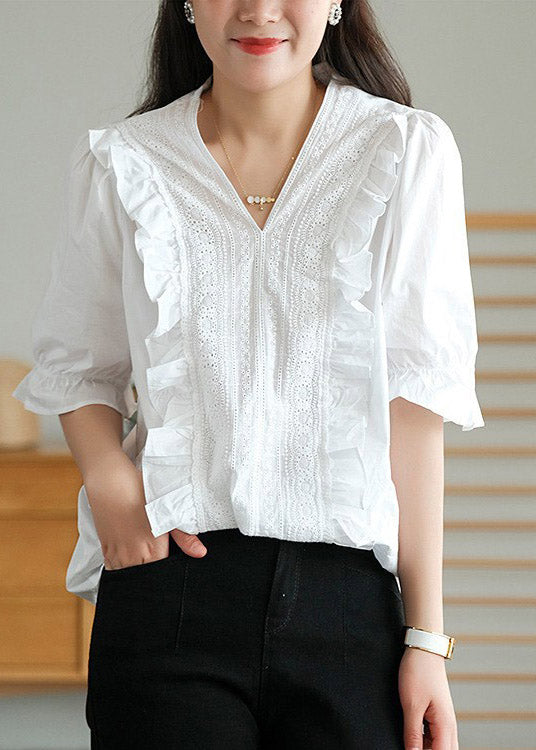 White V Neck Ruffled Linen T Shirt Half Sleeve