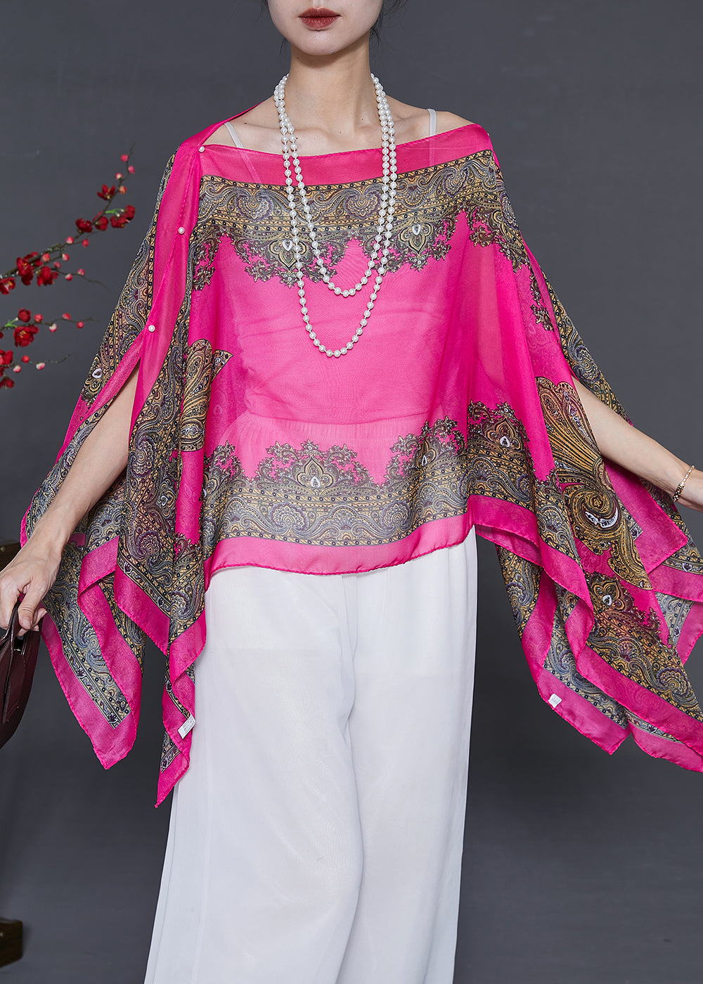 Rose Print Chiffon Tops Slash Neck Asymmetrical Summer