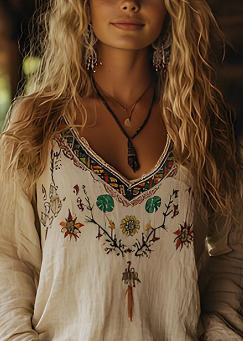 Beige V Neck Print Cotton Top Long Sleeve