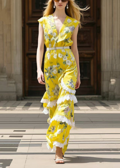 Yellow Print Patchwork Ruffled Chiffon Tunic Dress Sleeveless