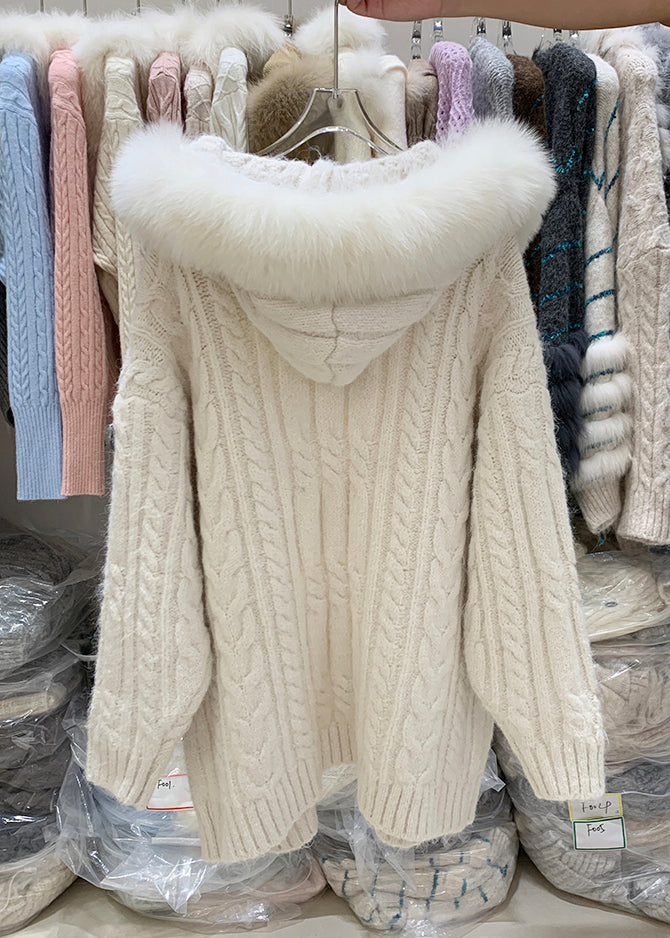 Beige Hooded Pockets Patchwork Knit Cardigan Winter