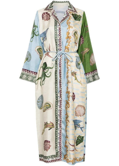 Italian Asymmetrical Print Tie Waist Cotton Blouses Dress Spring