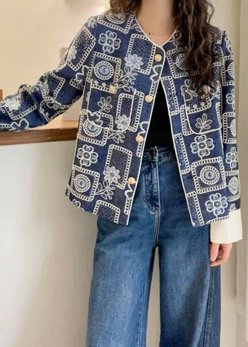 Blue Embroidered Sequins Denim Coats Spring