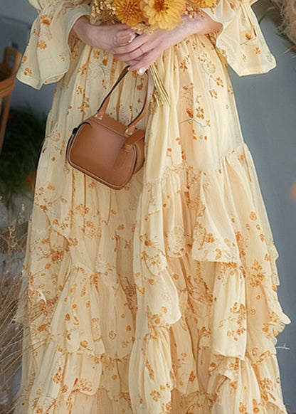 Yellow Ruffled Print Chiffon Dress Flare Sleeve