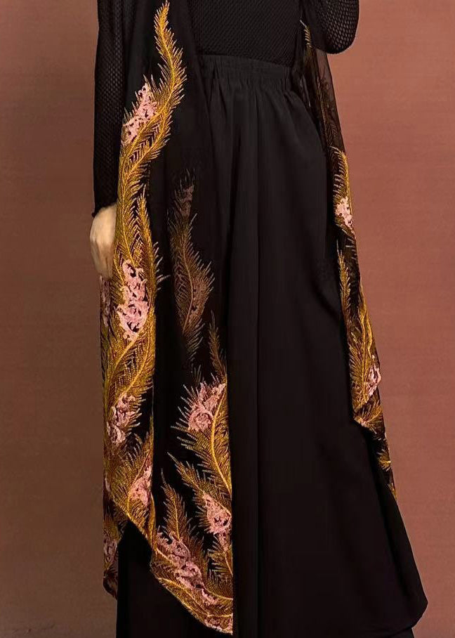 Original Design Black Embroidered Wide Leg Pants Spring
