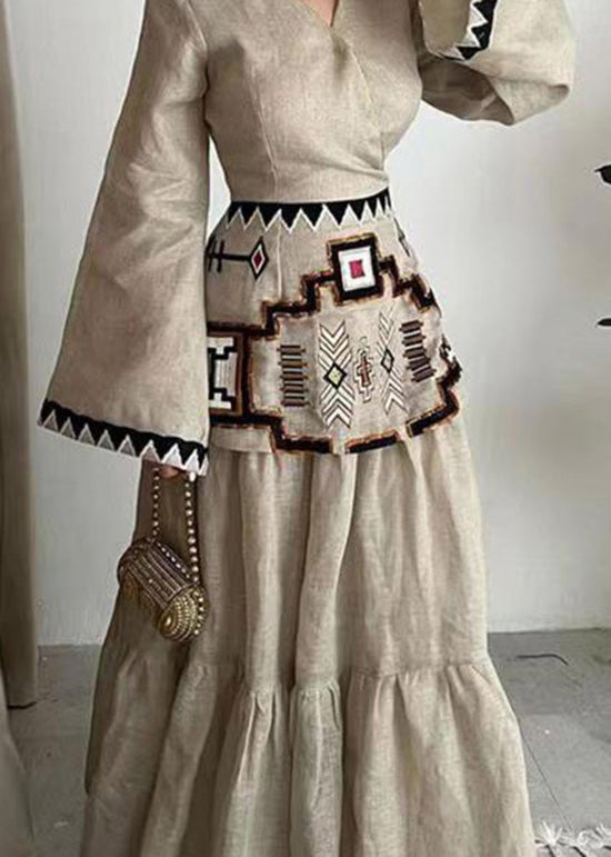 V Neck Print Patchwork Cotton Dress Flare Sleeve
