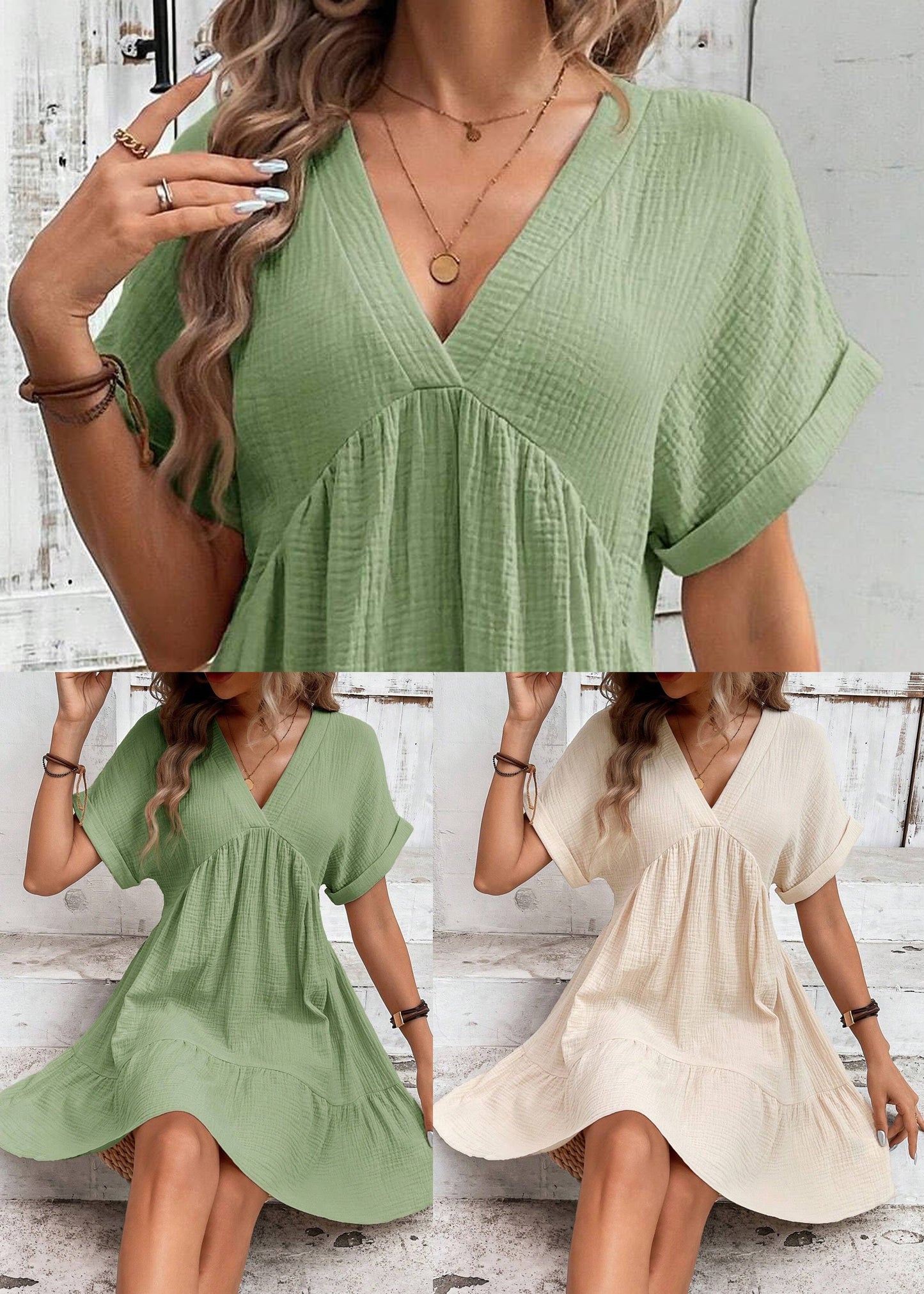 Beige Patchwork Cotton Vacation Dress V Neck Summer