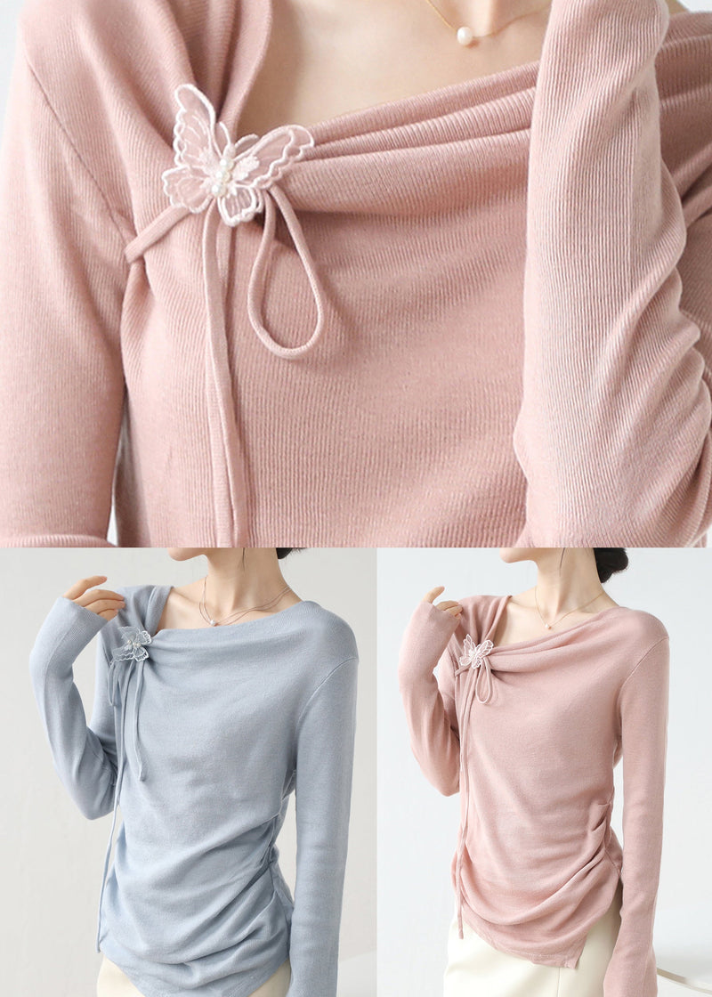 French Pink Asymmetrical Wrinkled Knit Top Spring
