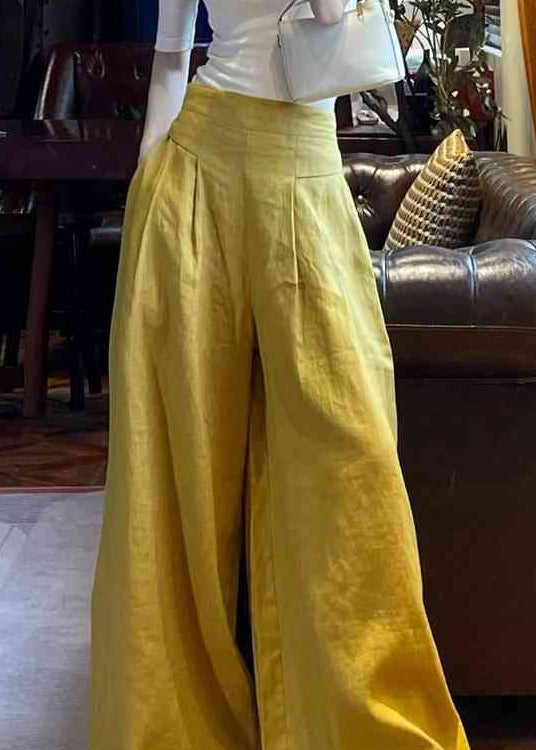 Yellow Pockets High Waist Linen Wide Leg Pants Summer