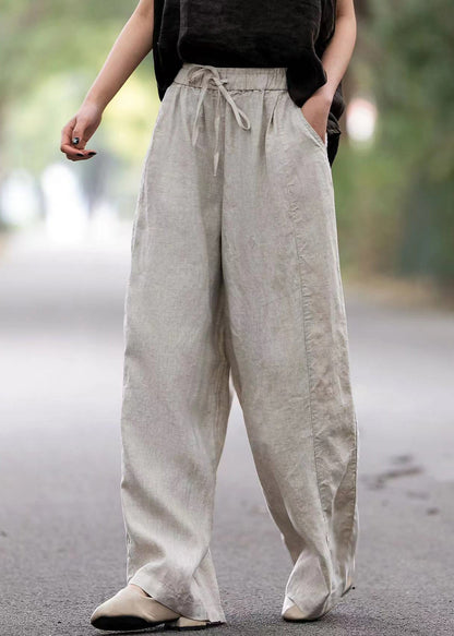 Pink Linen Summer Straight Pants Elastic Waist