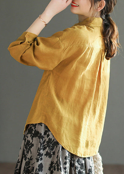 Organic Yellow Peter Pan Collar Embroidered Button Linen Shirts Long Sleeve