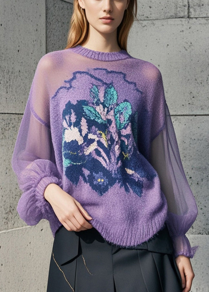 Purple Print Hollow Out Knit Pullover Fall