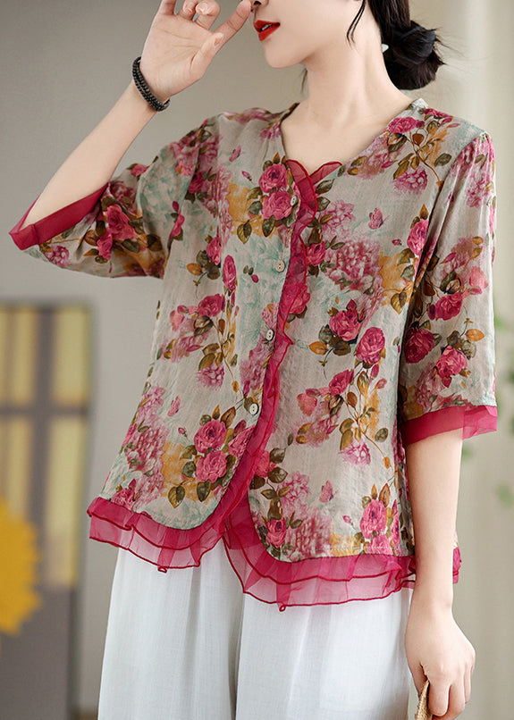 Stylish Red Patchwork Organza Linen Shirts Summer