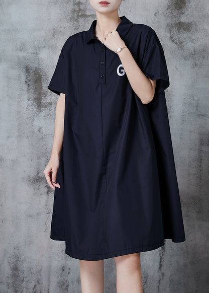 Simple Black Oversized Go Print Cotton Shirt Dress Fall