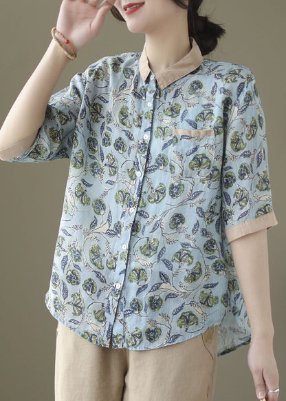 Blue Peter Pan Collar Print Patchwork Linen Shirts Summer