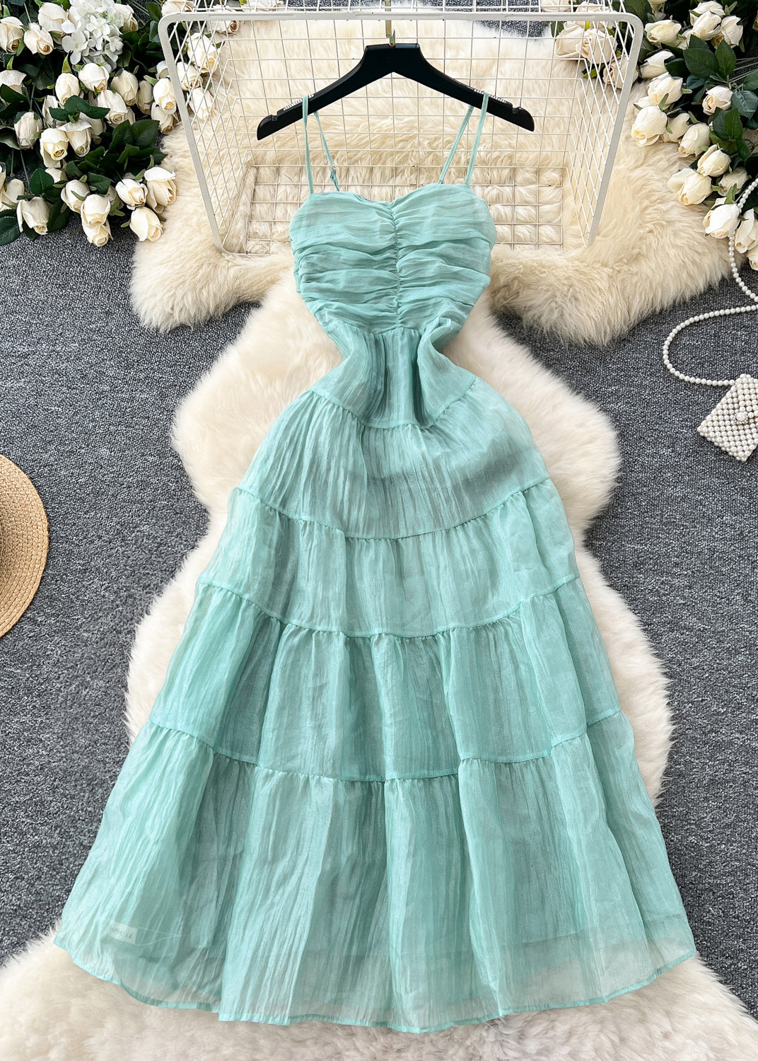 Lake Green Wrinkled Chiffon Spaghetti Strap Dress Summer