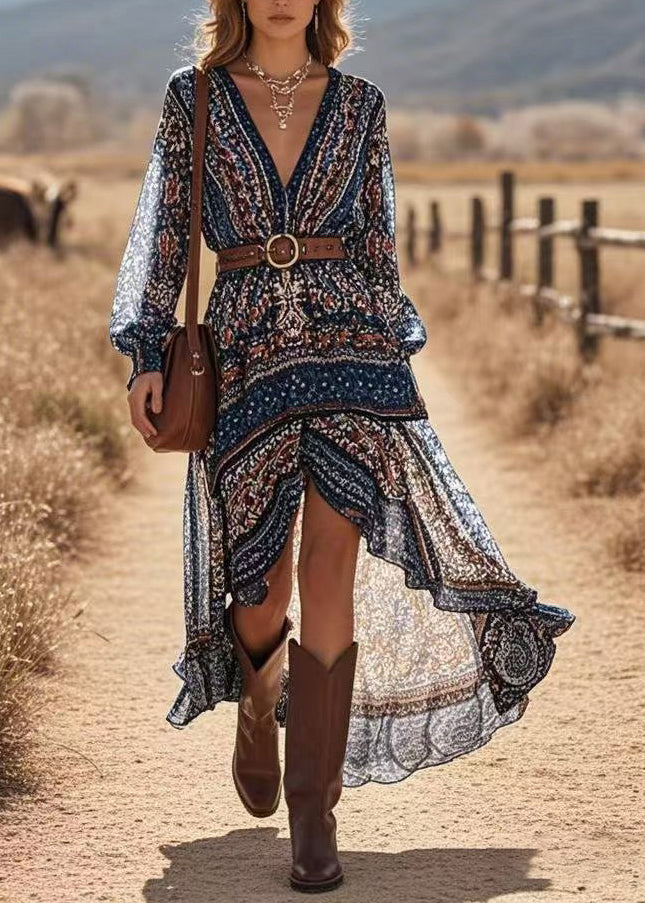 Navy Print Low High Design Vacation Long Dresses Lantern Sleeve