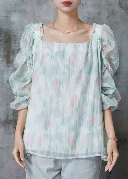 Light Green Square Collar Puff Sleeve Chiffon Blouses