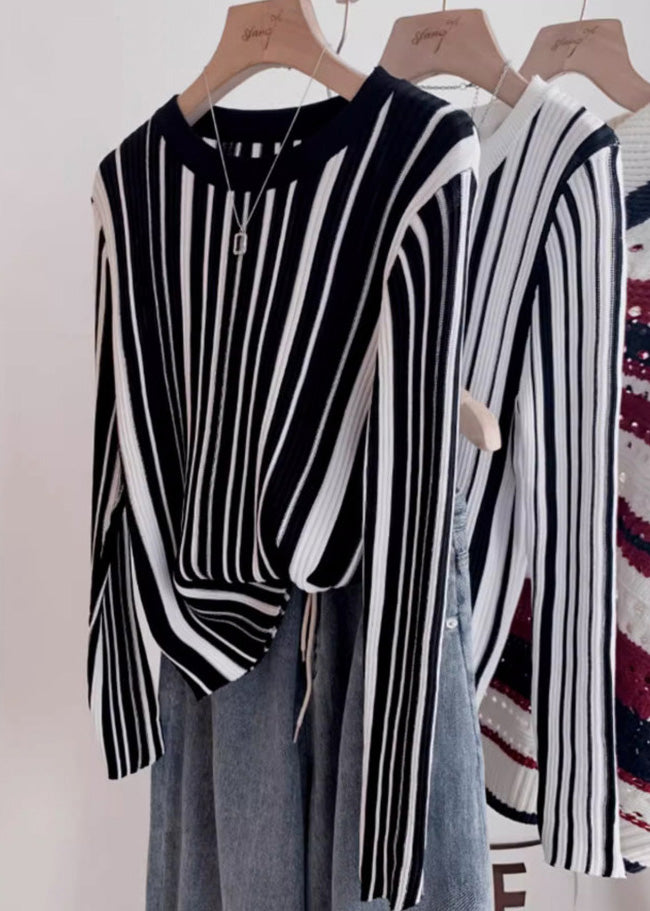 Italian O-neck Striped Knit Sweater Tops Fall