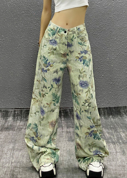 Stylish Green Print High Waist Denim Pants Summer