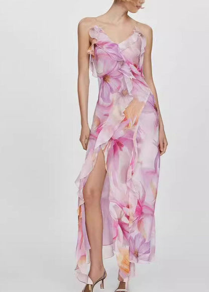Stylish Light Purple Ruffled Print Cotton Spaghetti Strap Dress Summer