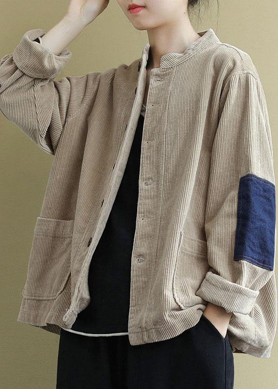 Khaki Button Patchwork Pockets Fall Long Sleeve Top