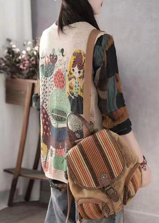 Beige Print Knit Vests Spring