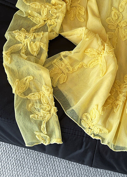 Slim Fit Yellow Embroidered Tulle T Shirt Fall