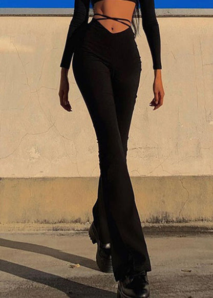 Simple Black High Waist Cotton Flared Trousers Spring
