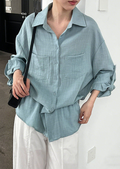 Sky Blue Oversized Cotton Top Drawstring Pockets Spring