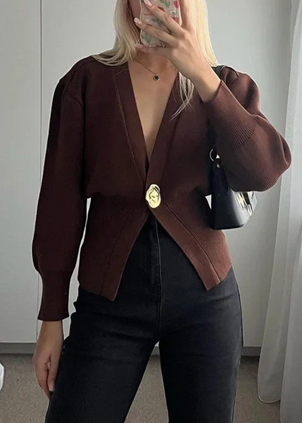 French Coffee V Neck Button Knit Cardigans Fall