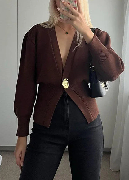 French Coffee V Neck Button Knit Cardigans Fall