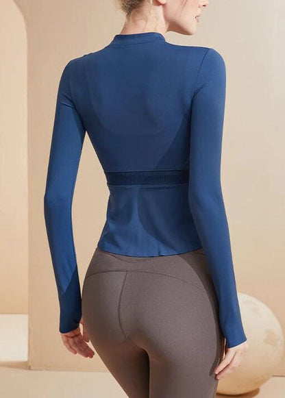 Blue Zipper Elastic Short Yoga Jacket Long Sleeved