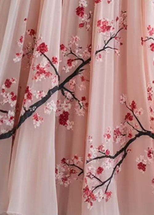 Pink Print Elastic Waist Chiffon Pleated Skirt Summer