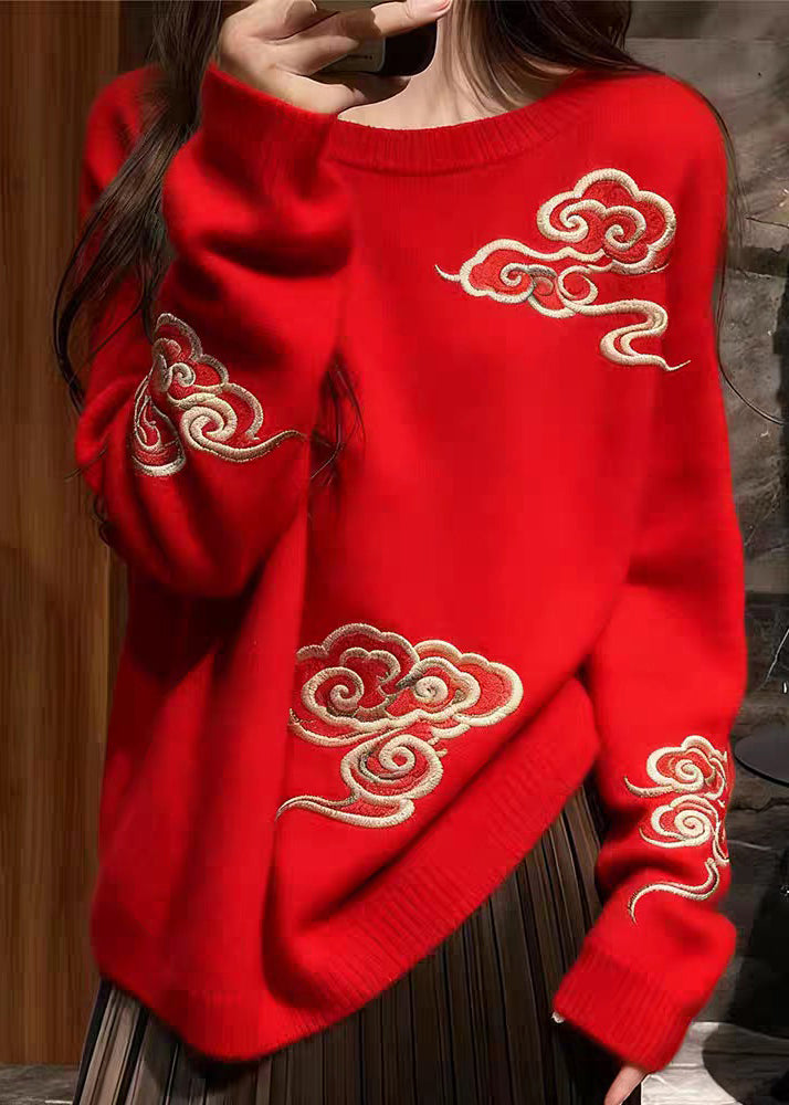 Red O Neck Auspicious Clouds Cozy Knit Sweaters Fall