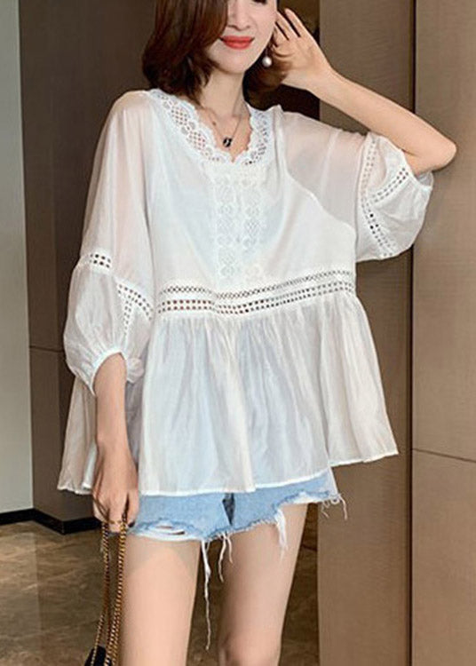Diy White V Neck Lace Patchwork Shirt Puff Sleeve