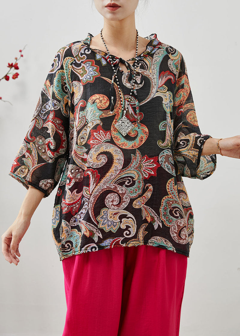 Modern Black Ruffled Print Linen Blouse Tops Summer