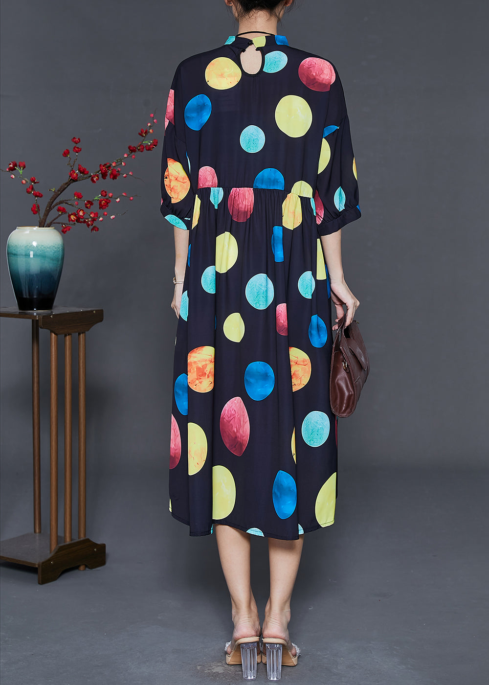 French Rainbow Print Mandarin Collar Silk Dress Summer
