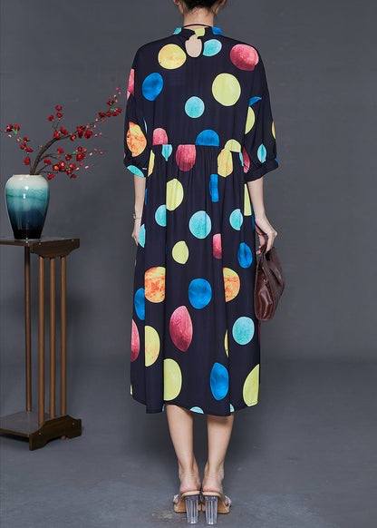 French Rainbow Print Mandarin Collar Silk Dress Summer
