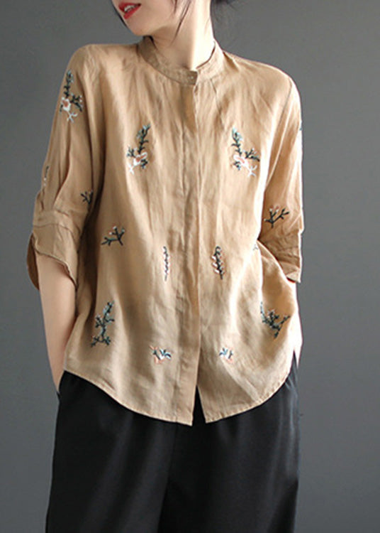 Art Khaki Embroidered Button Ramie Shirt Half Sleeve