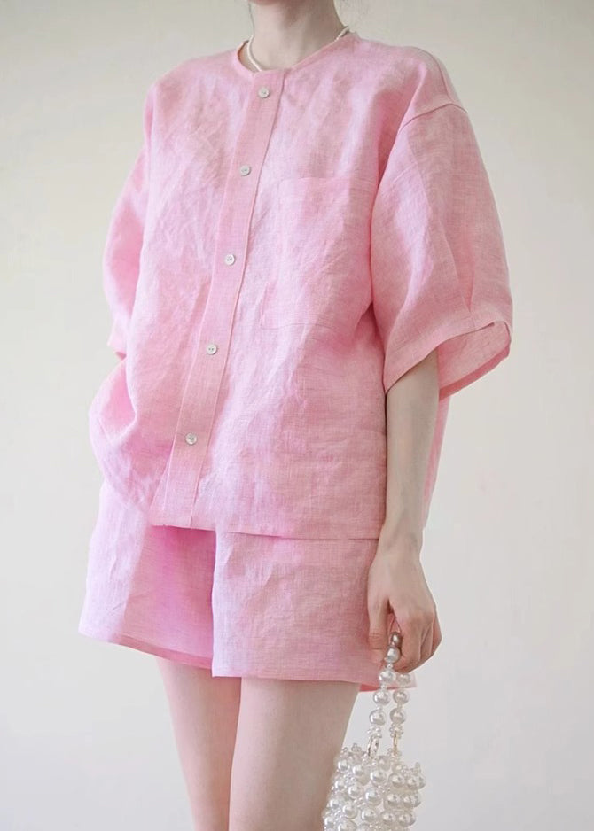 Pink O-neck Button Shirts and Shorts Two Pieces Set Summer